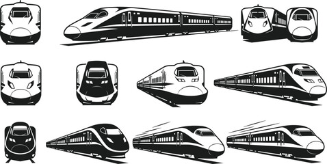 Black-and-white vector illustration of twelve high-speed trains in multiple angles, symbolizing bullet train, rapid transit, futuristic transport, and modern design themes © MdMahmudul
