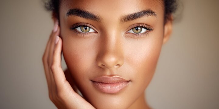 Close-up portrait of a beautiful young woman with flawless skin and captivating green eyes