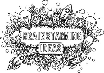 Brainstorming ideas concept with doodles of lightbulbs, rockets, and thought bubbles
