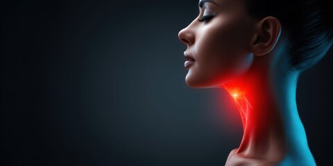 Obraz premium Woman's throat highlighted in red to signify pain or inflammation, close-up profile view