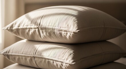 Fototapeta premium Soft Beige Cushions Stacked Comfortably Indoors with Natural Light.