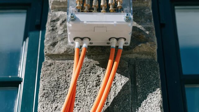 Medium shot focused on connecting fiberoptic cables inside a compact facademounted junction box with the home exterior fading gracefully into the background blur.