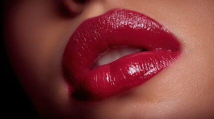Close-up of glossy red lips with a hint of teeth showing, perfect for beauty and fashion