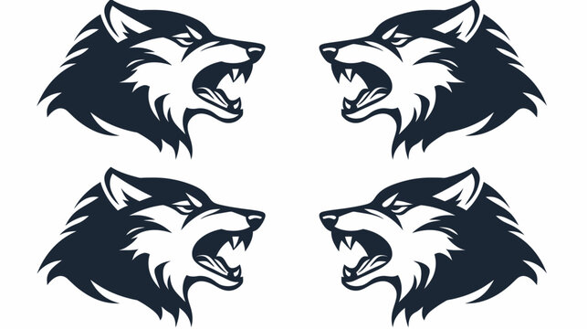 Graphic design of four stylized wolf head profiles, facing inward with mouths open, fangs bared