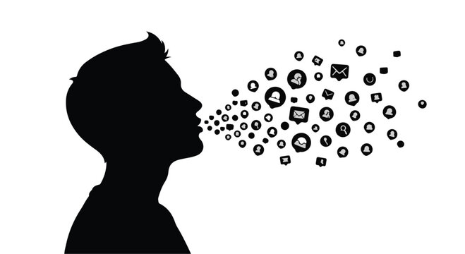 man speaking with ideas and thoughts flowing out