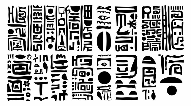 Bold, graphic arrangement of stylized black shapes resembling hieroglyphs or abstract symbols