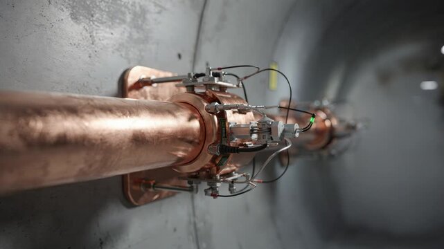 Medium shot of copper cable sheath in a tunnel environment sensor components in focus contrasting with smoothly diffused tunnel walls and lighting.
