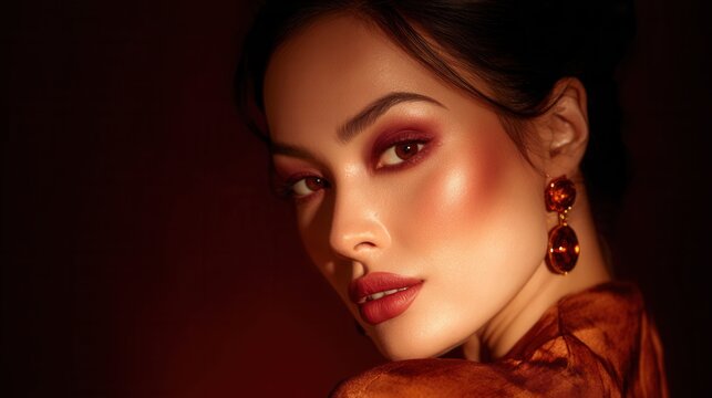 Elegant woman with dramatic makeup and amber earrings in warm, soft lighting