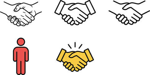 Handshake agreement partnership icon collection showing business deal cooperation trust collaboration greeting symbols including outline and colored handshake illustrations © Mohammad