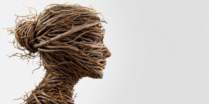 Sculpture of a human head and shoulders made entirely from natural twigs and branches