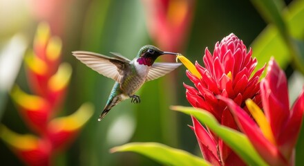 Fototapeta premium Tiny hummingbird with iridescent throat feeding on bright red flower nectar in natural garden setting.