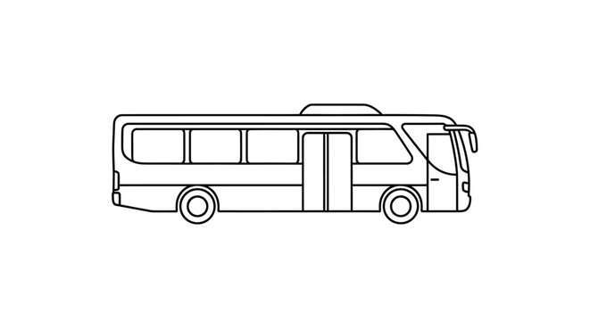 Simple black and white line art illustration of a passenger bus, side view, representing public transportation.