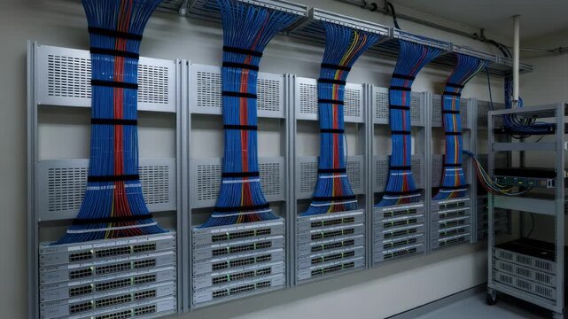 Medium shot of hospital telecom room highlighting wellorganized structured cabling and wallmounted network frames focusing on critical healthcare communication systems.