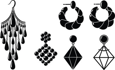 Black silhouette earrings set, jewelry collection vector illustration, chandelier hoop diamond stud earrings, fashion accessory icons isolated design © Miss