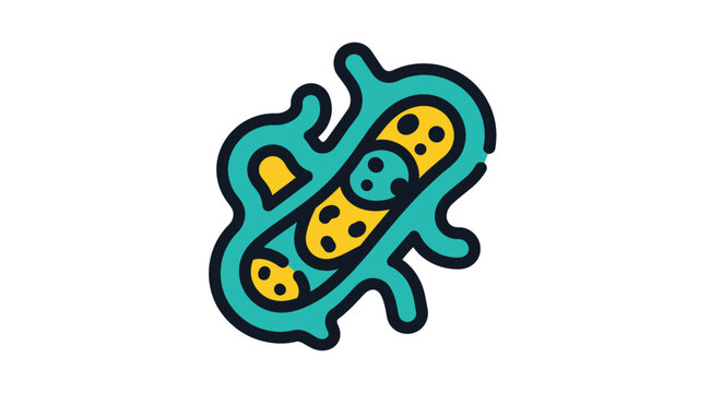 Colorful cartoon bacterium cell showing nucleus ribosome organelles in teal yellow illustration