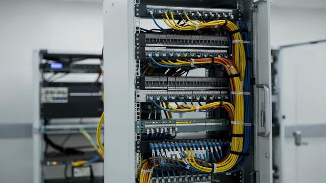 Medium shot of hospital structured cabling rack concentrating on neatly labeled patch fields and organized cables with peripheral network equipment out of focus.