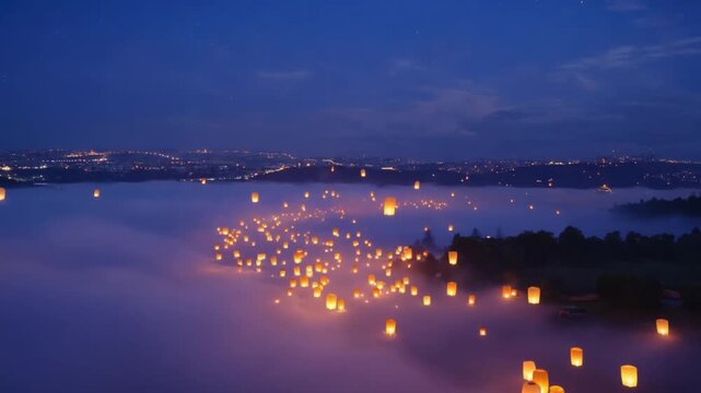 Floating Lanterns Illuminate the Night Sky, Glowing lanterns floating in the sky during an Islamic festival night