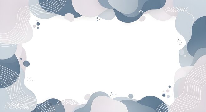 Abstract border with soft organic shapes in blue and lavender, featuring wavy lines and dots on a white background, ideal for presentations.
