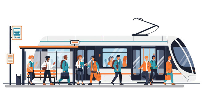 People waiting for tram at station, modern public transport, urban commute illustration