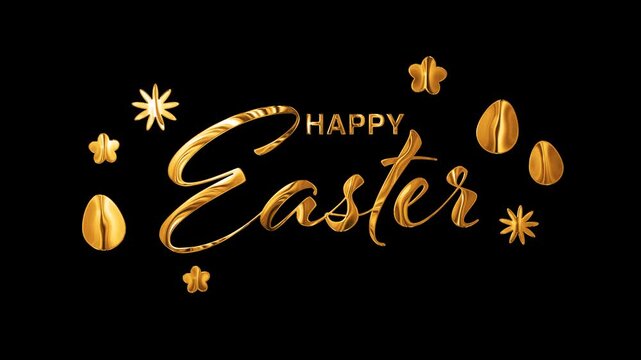 Happy Easter golden text animation with colorful eggs and flowers on transparent background. Alpha channel included.
