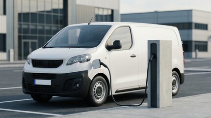 White electric delivery van charging at public station