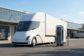 Electric semi truck charging at logistics hub