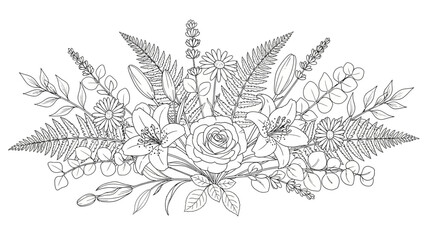 Elegant floral bouquet sketch - rose, lily, leaves, ferns, lavender sketch