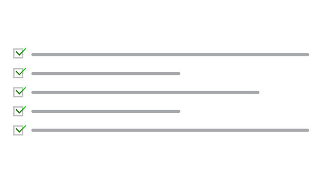 Checklist with green ticks and progress bars on white background, concept of completion and success, progress bar, web design