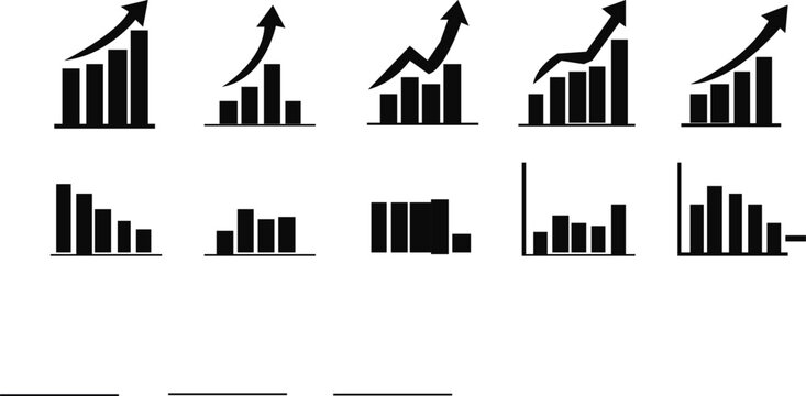 Various simple black and white chart icons depicting growth and decline