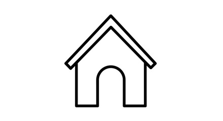 Fototapeta premium Simple black and white outline drawing of a dog house with an arched entrance and a pointed roof, representing pet shelter.