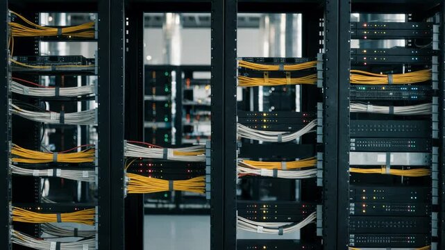 Shot of meticulously labeled cables running through server racks in a wireless core data center with blurred cooling ducts and vast hall space in the background.