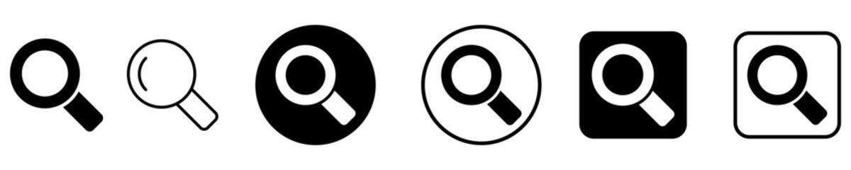 Set of signs and symbols for web design. Set of magnifying glass and search web icons in black and white colors. Vector illustration.