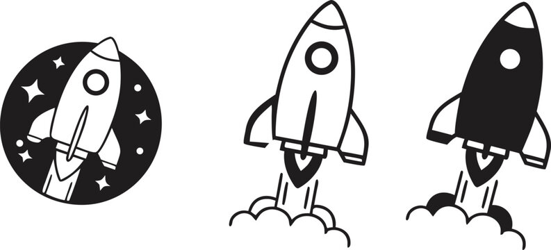 A set of minimalist rocket launch icons in various line-weight styles vector illustration .
