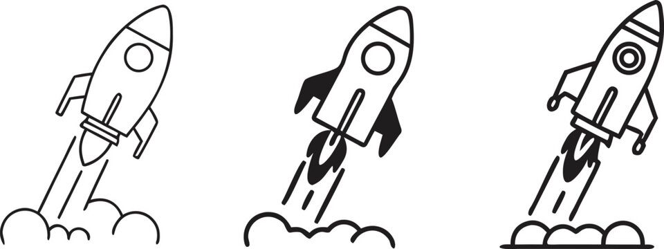 A set of minimalist rocket launch icons in various line-weight styles vector illustration .
