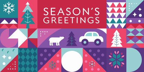 Festive season s greetings card with geometric shapes and winter imagery © Topoti