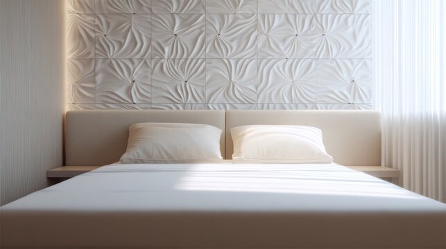 Modern bedroom with decorative textured wall and comfortable bed