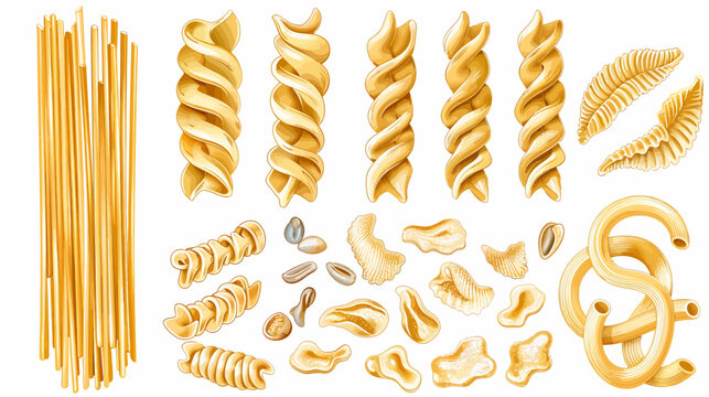 A variety of pasta shapes are displayed against a stark white backdrop, vector illustration
