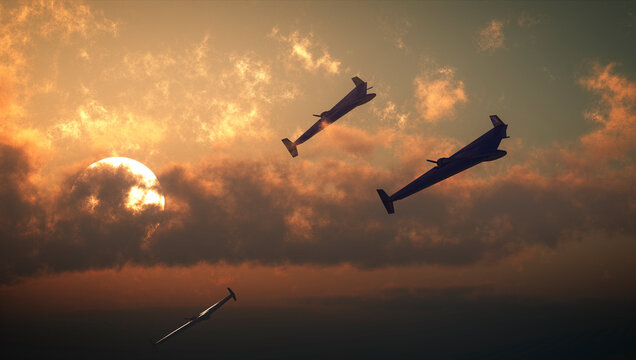 The HESA Shahed 136 is an Iranian drone. Sensitive targets, attack. Drones flying at sunset. Drone kamikaze, 3d rendering