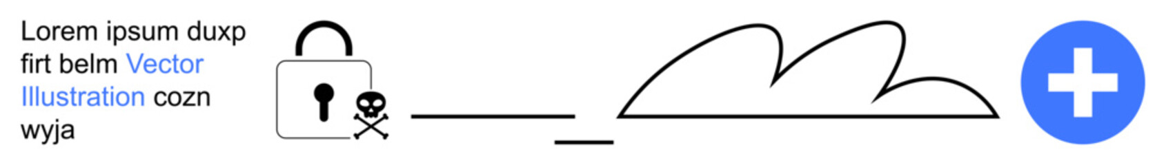 Obraz premium Cybersecurity, cloud storage, digital privacy, encryption, data breaches, cloud services. Lock with skull, connection to cloud and plus sign. Cybersecurity and cloud storage concepts