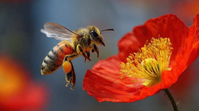 A detailed macro shot of a honeybee covered in yellow pollen actively foraging on a vibrant red poppy flower in nature