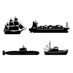 Obraz premium Silhouette Collection: Sailboat, Container Ship, Submarine, Fishing Boat