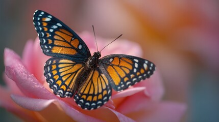 Fototapeta premium Vibrant Butterfly with Orange and Black Wings Resting on Delicate Pink Flower Petals with Dew Drops