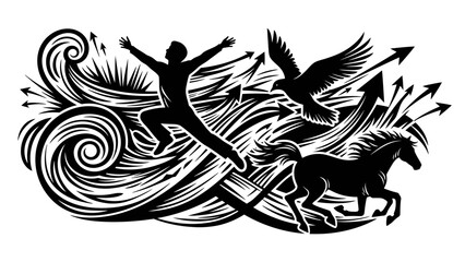 Fototapeta premium Silhouette of a man jumping, eagle soaring, horse running, symbolizing freedom and success.