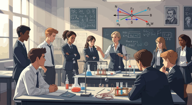 Diverse students learning physics in a classroom with teacher explaining forces