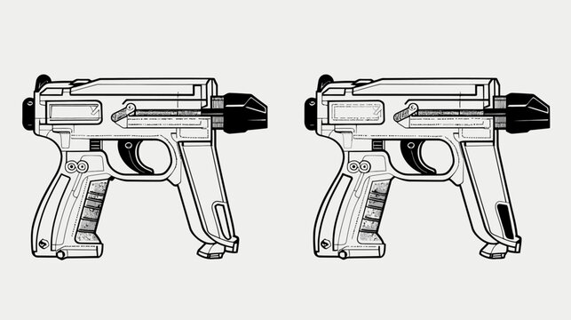 Two line-art illustrations of futuristic blaster pistols, set against a neutral background