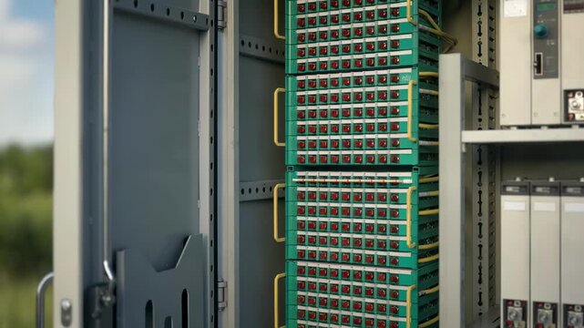 Medium shot of rectifiers and battery racks in an outdoor enclosure focused on the equipment with the natural surroundings out of focus for system reliability.