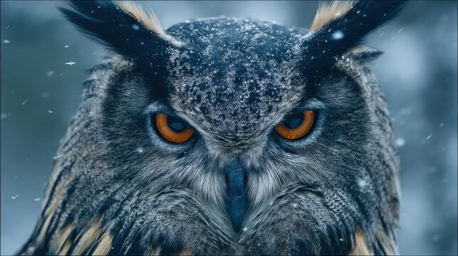 Close up of a majestic owl with striking orange eyes and detailed feathers