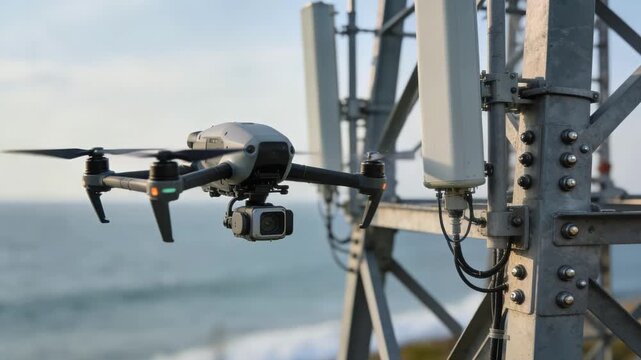 Medium shot of robotic drone inspecting coastal communication tower focusing on antennas with blurred ocean and sky background for detailed structural analysis.