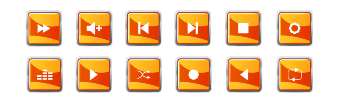 Orange glossy media player button set with play, pause, stop, rewind, fast forward, eject, shuffle, and volume icons, modern UI vector collection isolated on light background