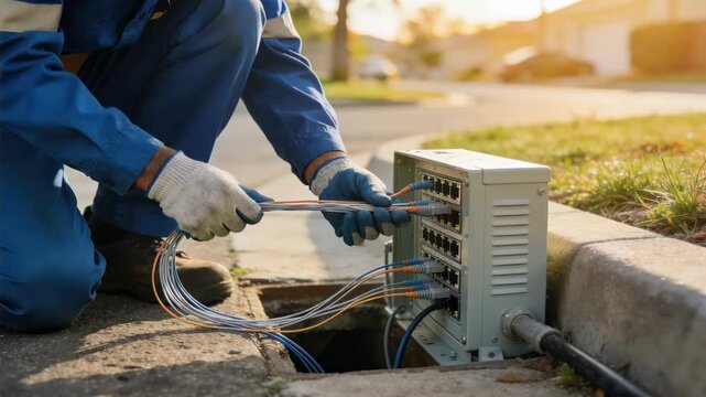 Technician threading fiber cables through an outdoor underground conduit panel near the curb with the yard and street softly blurred to highlight cable handling.